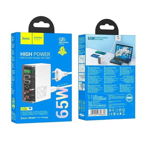 Адаптер мережевий Hoco Fuerza N36 |3USB/3Type-C, 65W/3A, PD/QC| White 2296 фото