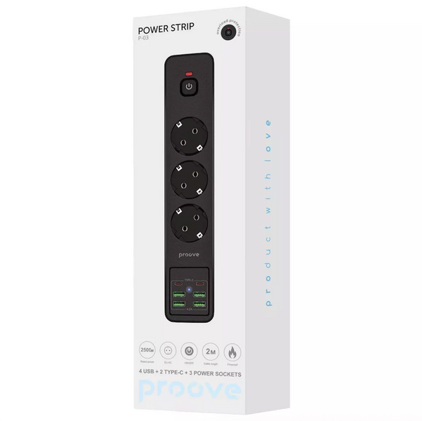 Сетевой фильтр на 3 розетки + 4 USB + 2 Type-C 2 метра - Proove Power Strip P-03 1323 фото