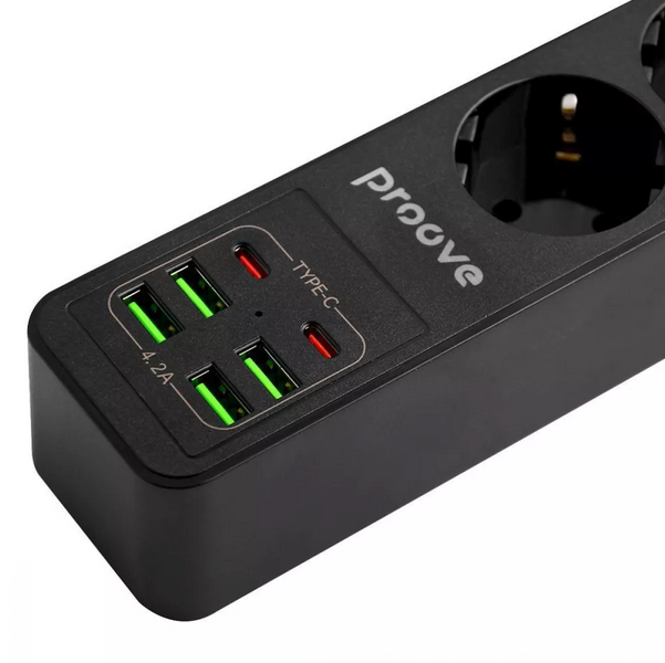 Мережевий фільтр на 3 розетки + 4 USB + 2 Type-C 2 метри - Proove Power Strip P-03 1323 фото