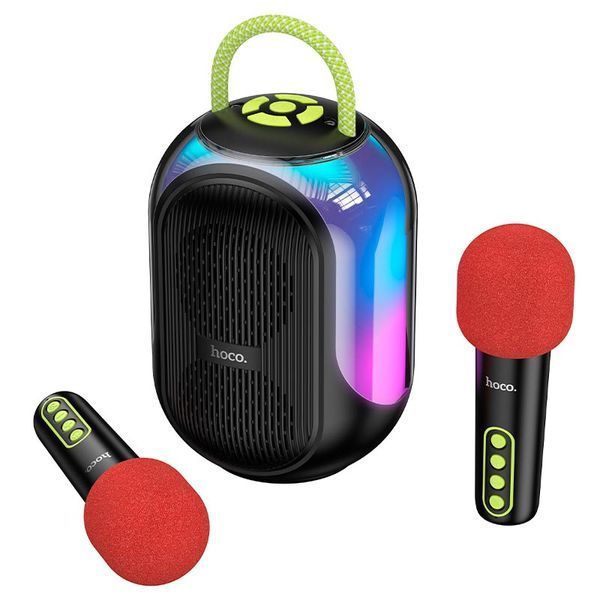 Караоке колонка HOCO DS68, фронтальний вигляд з RGB та мікрофонами