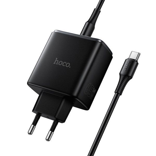 Зарядка HOCO C160A 65W Black вигляд під кутом з підключеним кабелем