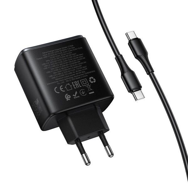 Зарядний блок HOCO C160A 65W Black з кабелем Type-C підключеним до порту