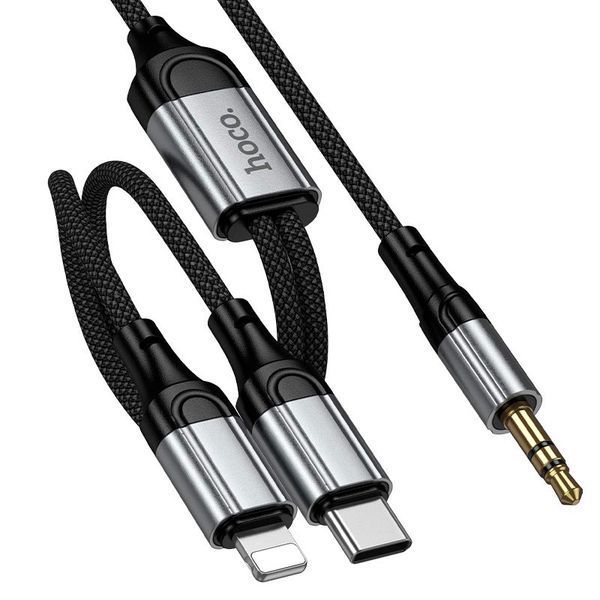 Аудіокабель Type C/Lightning - AUX 3.5 мм Hoco UPA26A | 1 метр, металізоване плетіння+нейлон | Black 2681 фото