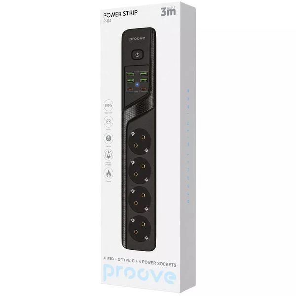 Мережевий фільтр Proove Power Strip P-04 чорний у фірмовій упаковці