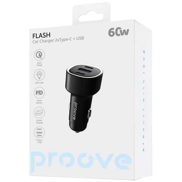 Автомобильное зарядное устройство Proove Flash 60W | 2&times;Type-C + USB, PD/QC, ABS | Black 2417 фото
