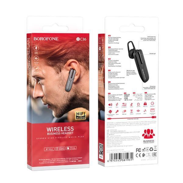 Bluetooth-гарнітура BOROFONE BC36 Lucky | 70mAh, 6 год розмов, BT 5.0 | Black 2620 фото