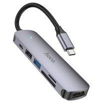 Hub адаптер Hoco HB28 | HDMI/Type-C/USB3.0/USB2.0/SD/TF | Silver 2607 фото