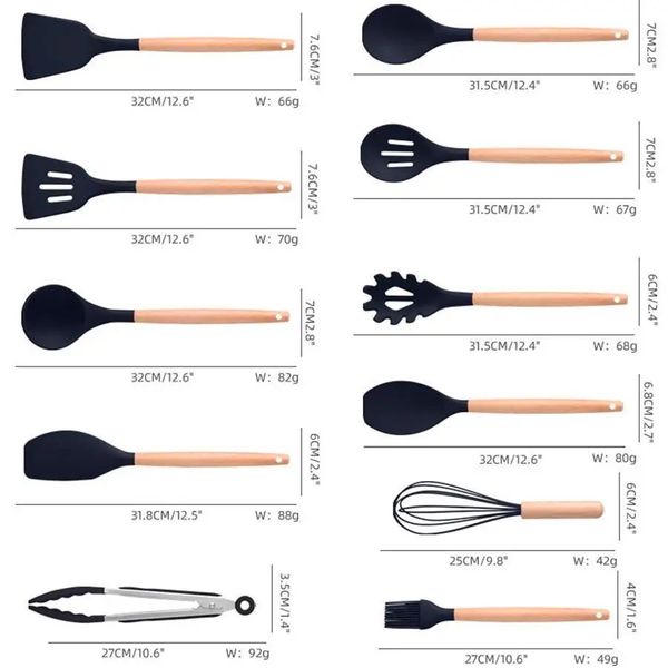 Набір кухонного приладдя на підставці 19 штук,кухонні аксесуари із силікону з бамбуковою ручкою 909 фото